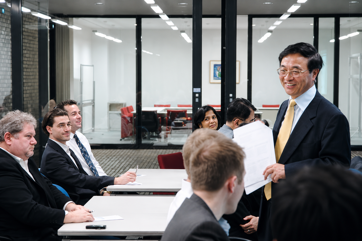 Former Accenture Japan Chairman Masakatsu Mori speaks to Anaheim University business students at the former Anaheim University Akio Morita Learning Center in Tokyo, Japan.
